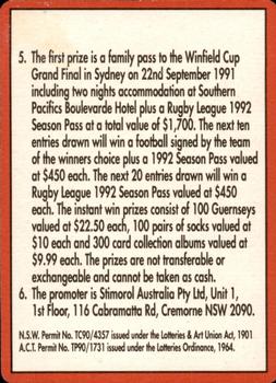 1991 Stimorol NRL #168 Competition Details Card Back